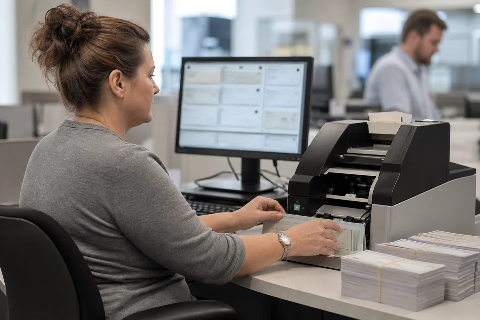 Bank operations clerk scanning paper checks next to a monitor of check images