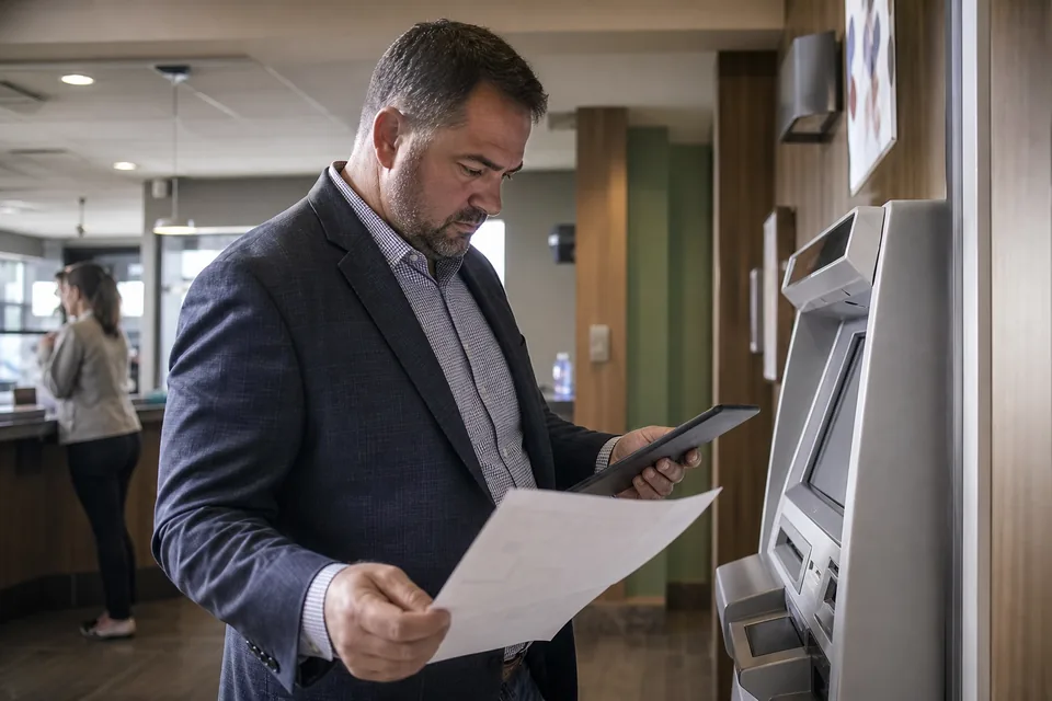 Bank operations manager standing by an ATM in a branch lobby holding a settlement printout and a tablet