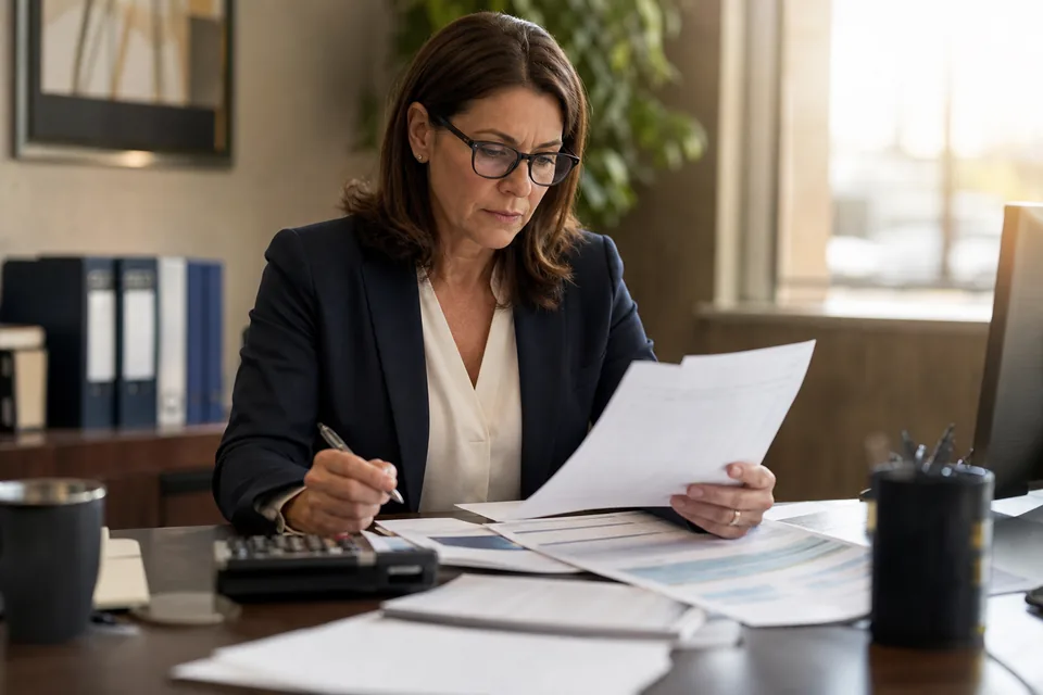 Bank finance director reviewing a software renewal quote and budget at her desk