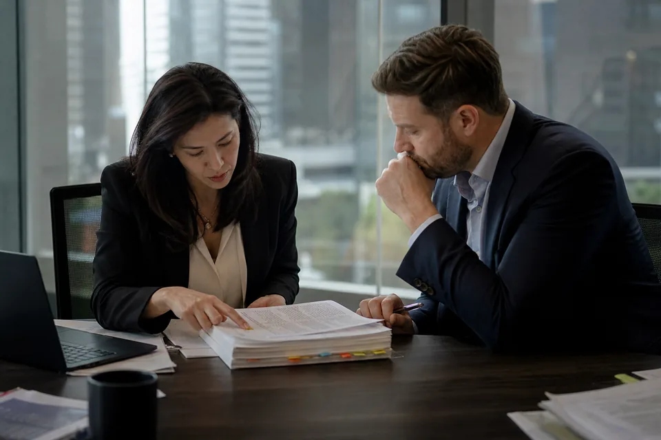 Operations director and a procurement lead reviewing a reconciliation software contract in a glass walled meeting room