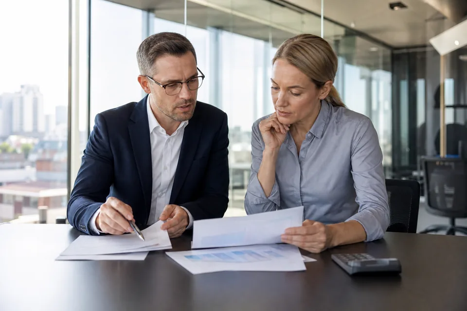 Bank CFO and controller comparing a software contract against the budget in a meeting room